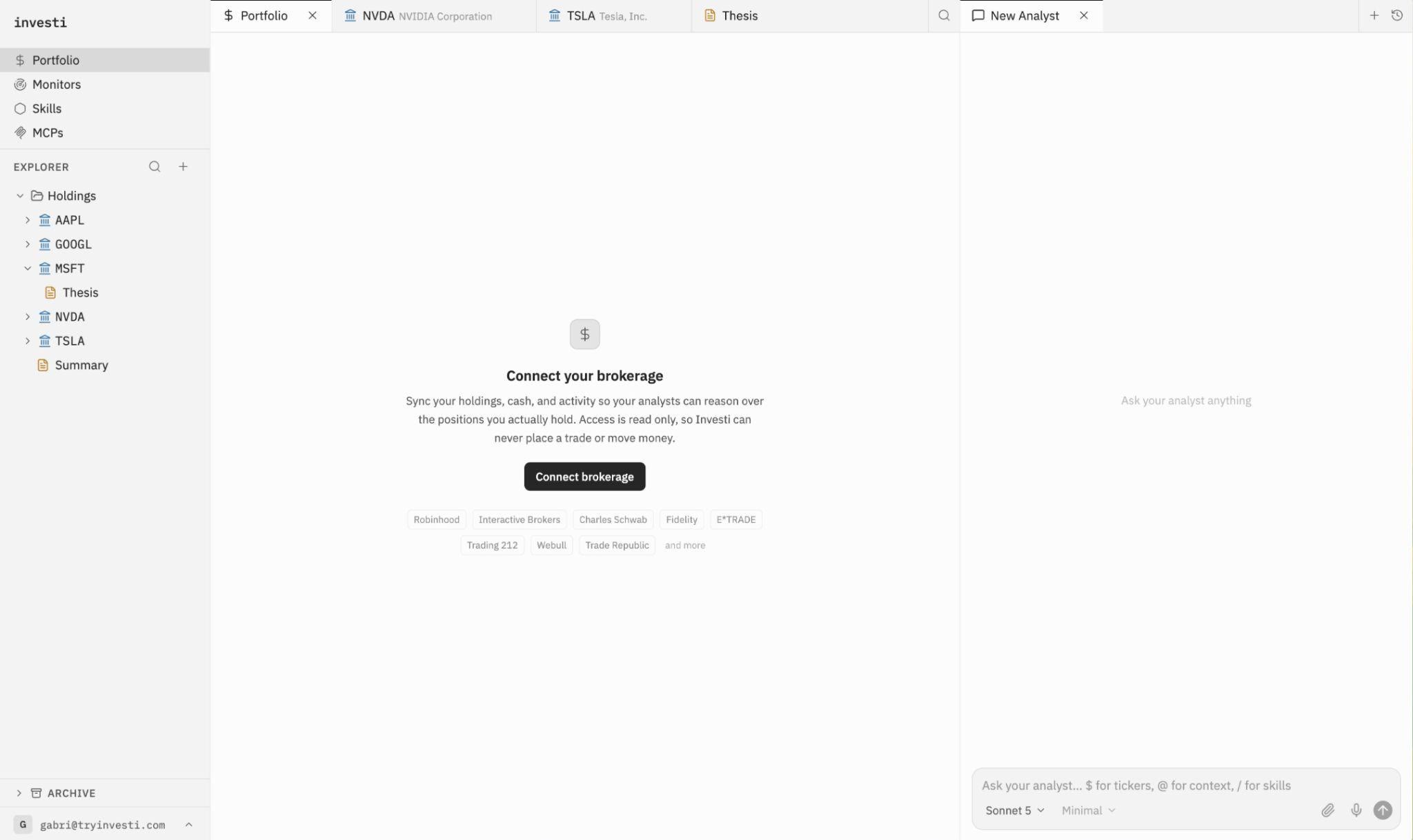 The connect-your-brokerage screen in Investi, listing supported institutions