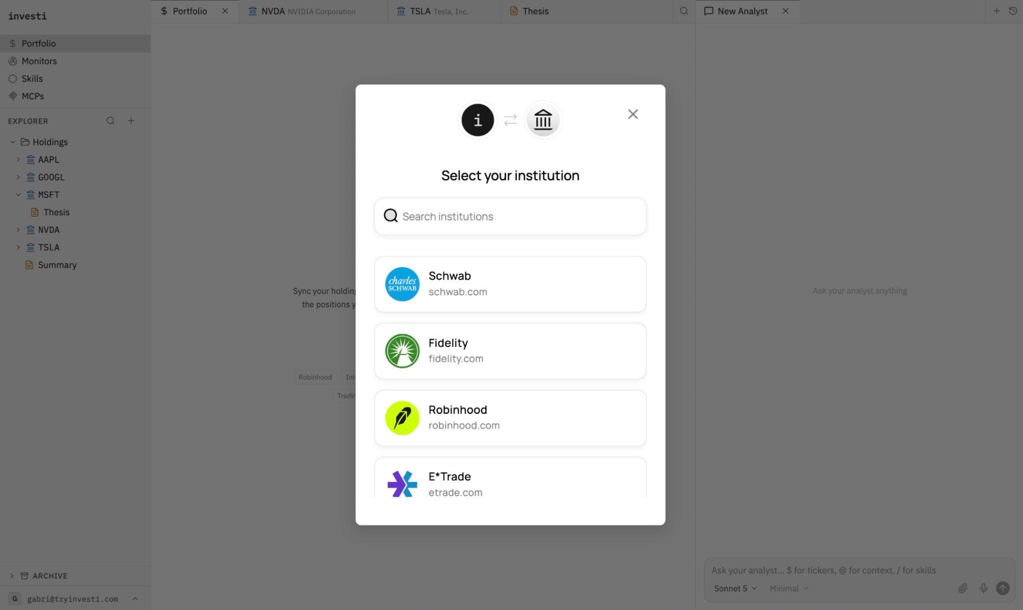 The SnapTrade Connection Portal open in Investi, showing Schwab, Fidelity, Robinhood, and E*Trade