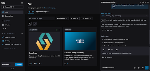 OpenBB Copilot answering a question about dividends next to connected SnapTrade apps