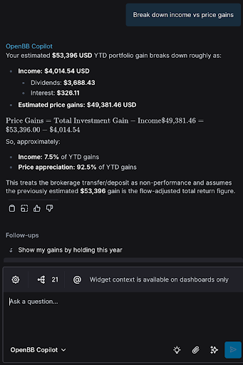OpenBB Copilot breaking down portfolio income versus price gains