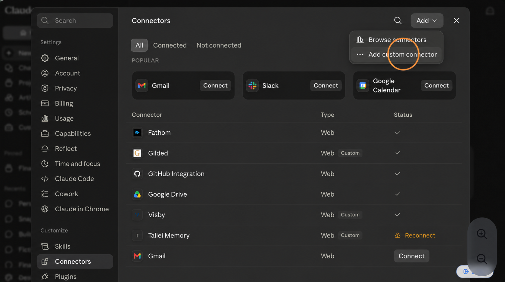 Click "Add custom connector"