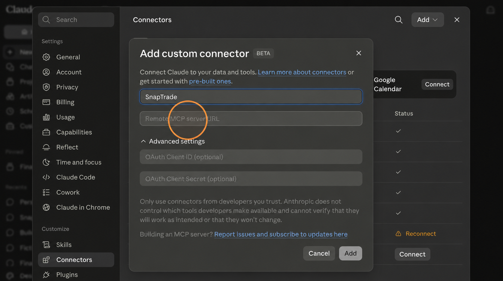 In the name field type "SnapTrade", then paste the server URL