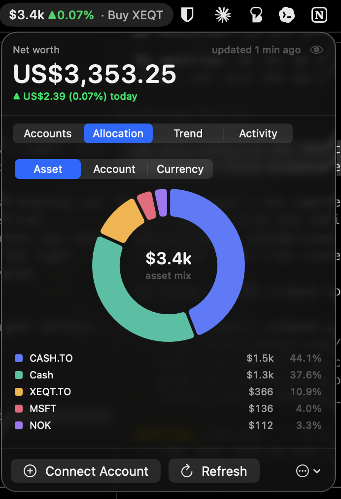 A menu-bar app showing net worth and an allocation donut chart broken down by asset.