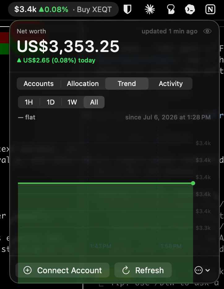 The menu-bar app's net-worth trend chart with time-range toggles.