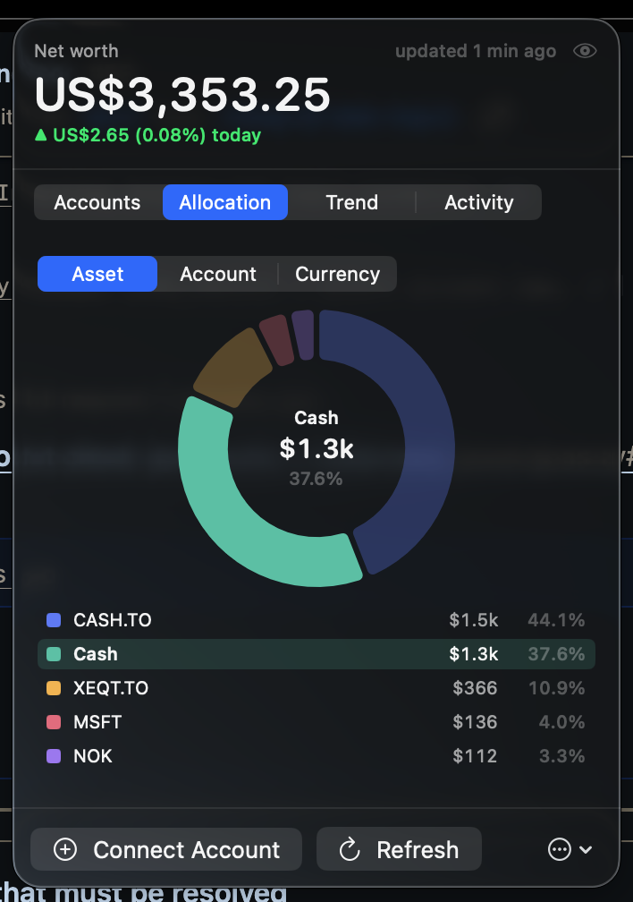 The menu-bar app's allocation view with a cash slice highlighted.