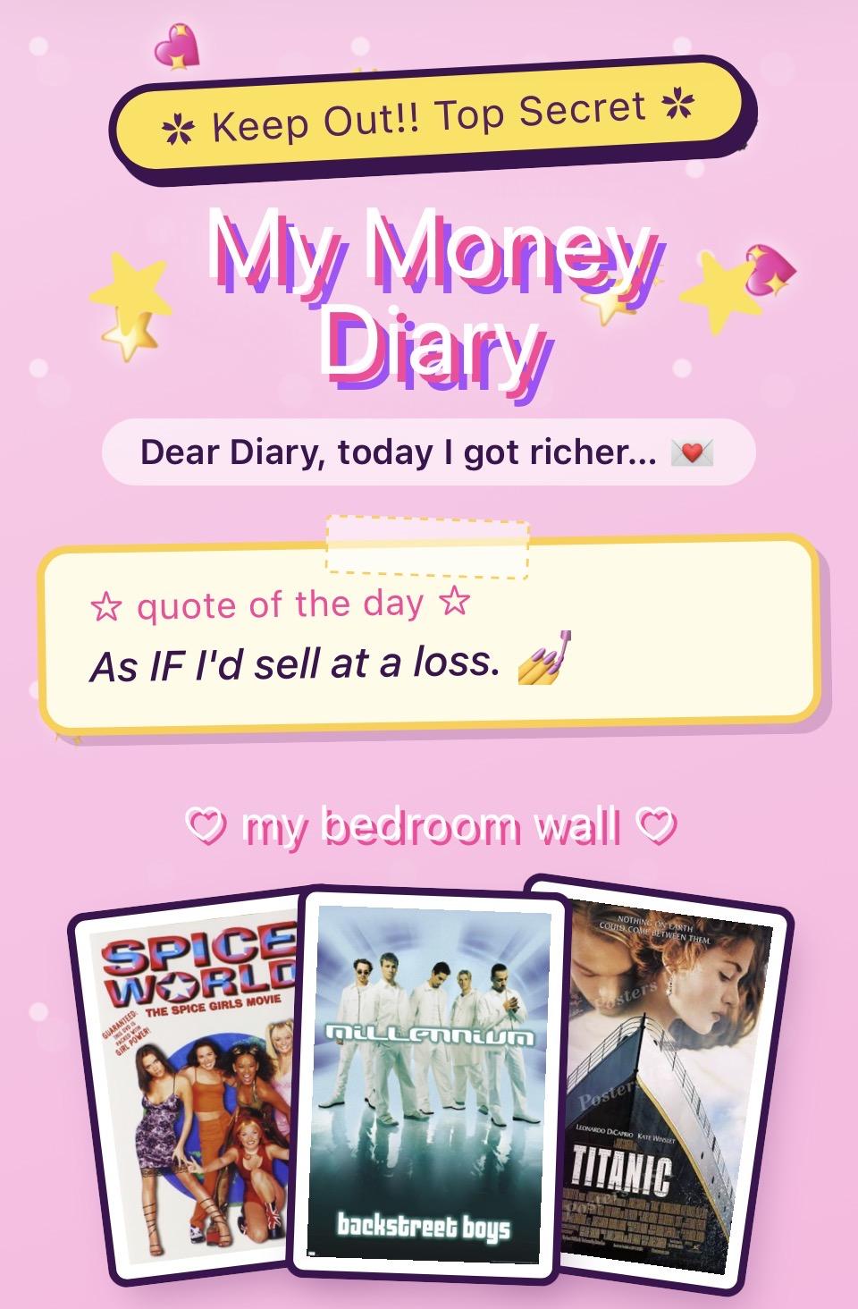 A playful 'My Money Diary' cover screen styled like a 90s diary with a keep-out banner.
