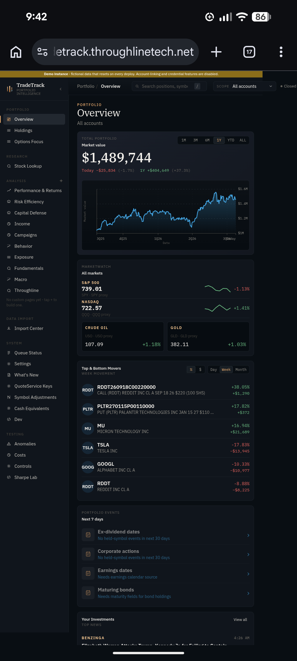 A mobile portfolio-intelligence overview with total value, performance, market watch, and top movers.
