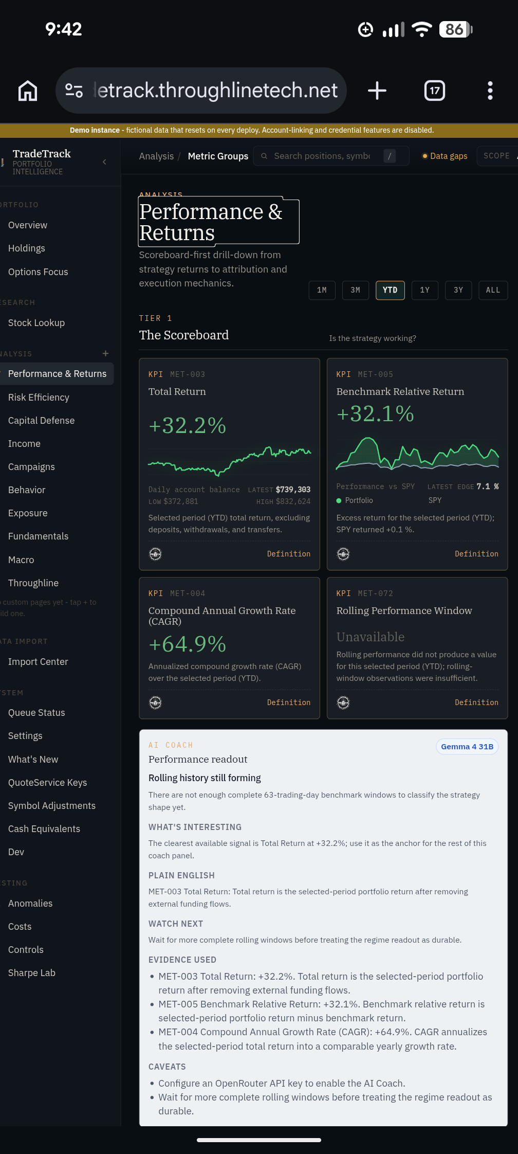 A performance-and-returns drill-down showing total return, benchmark-relative return, CAGR, and an AI coach readout.