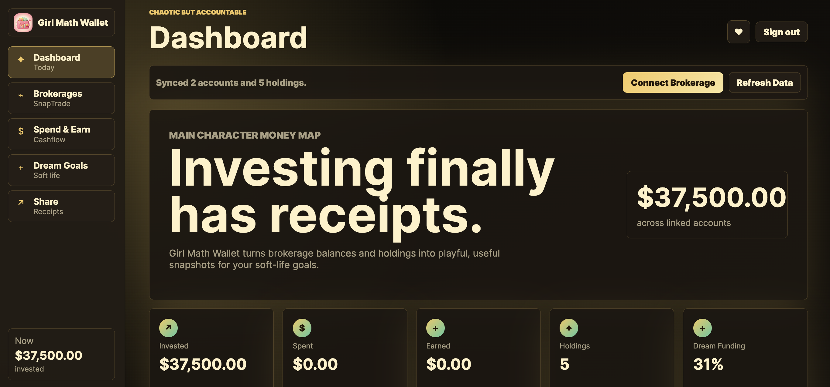 The Girl Math Wallet dashboard headlined 'Investing finally has receipts', showing $37,500 across linked accounts with invested, spent, earned, holdings, and dream-funding tiles.