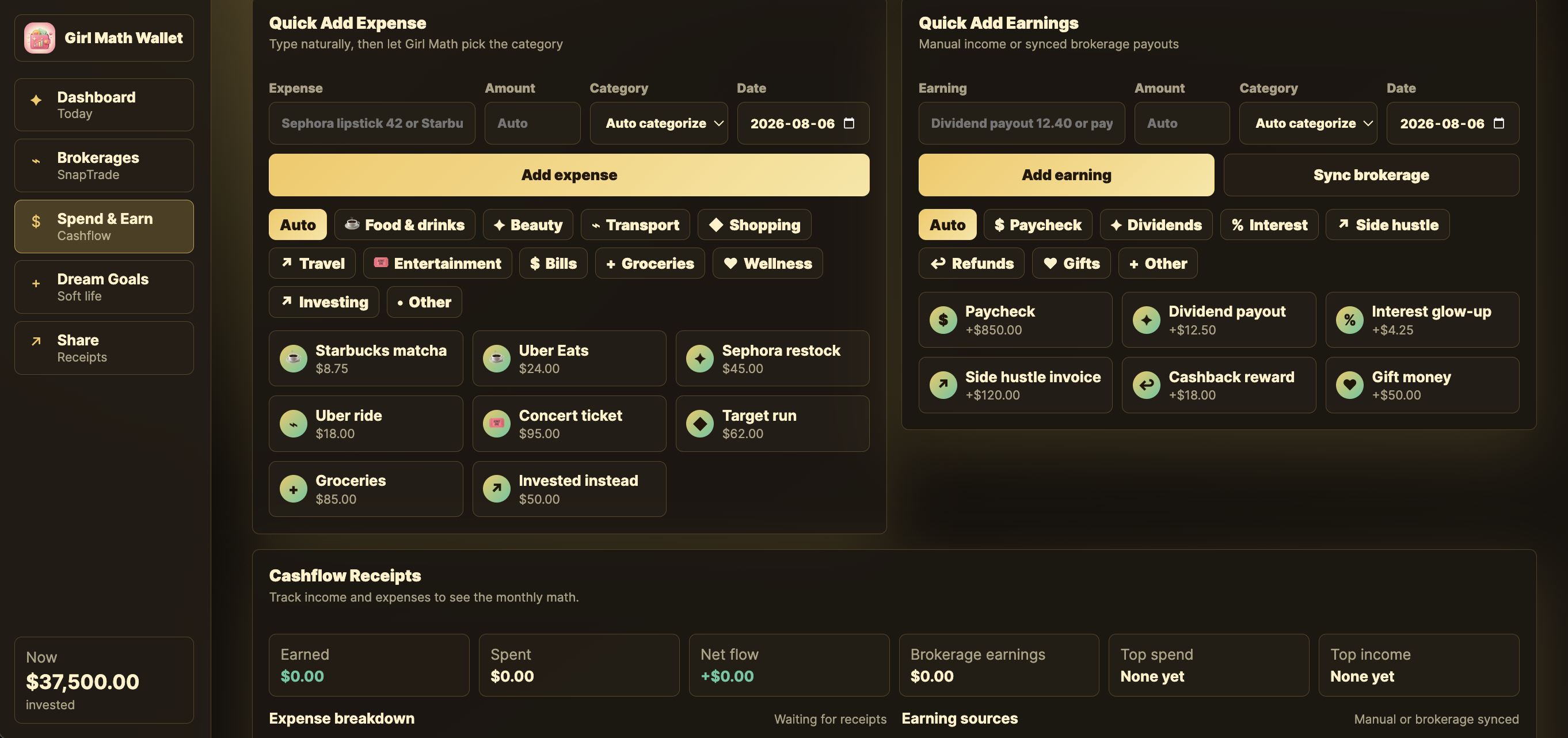 A Spend and Earn cashflow screen with quick-add expense and earnings tiles that auto-categorize matcha runs, dividends, and side-hustle income.