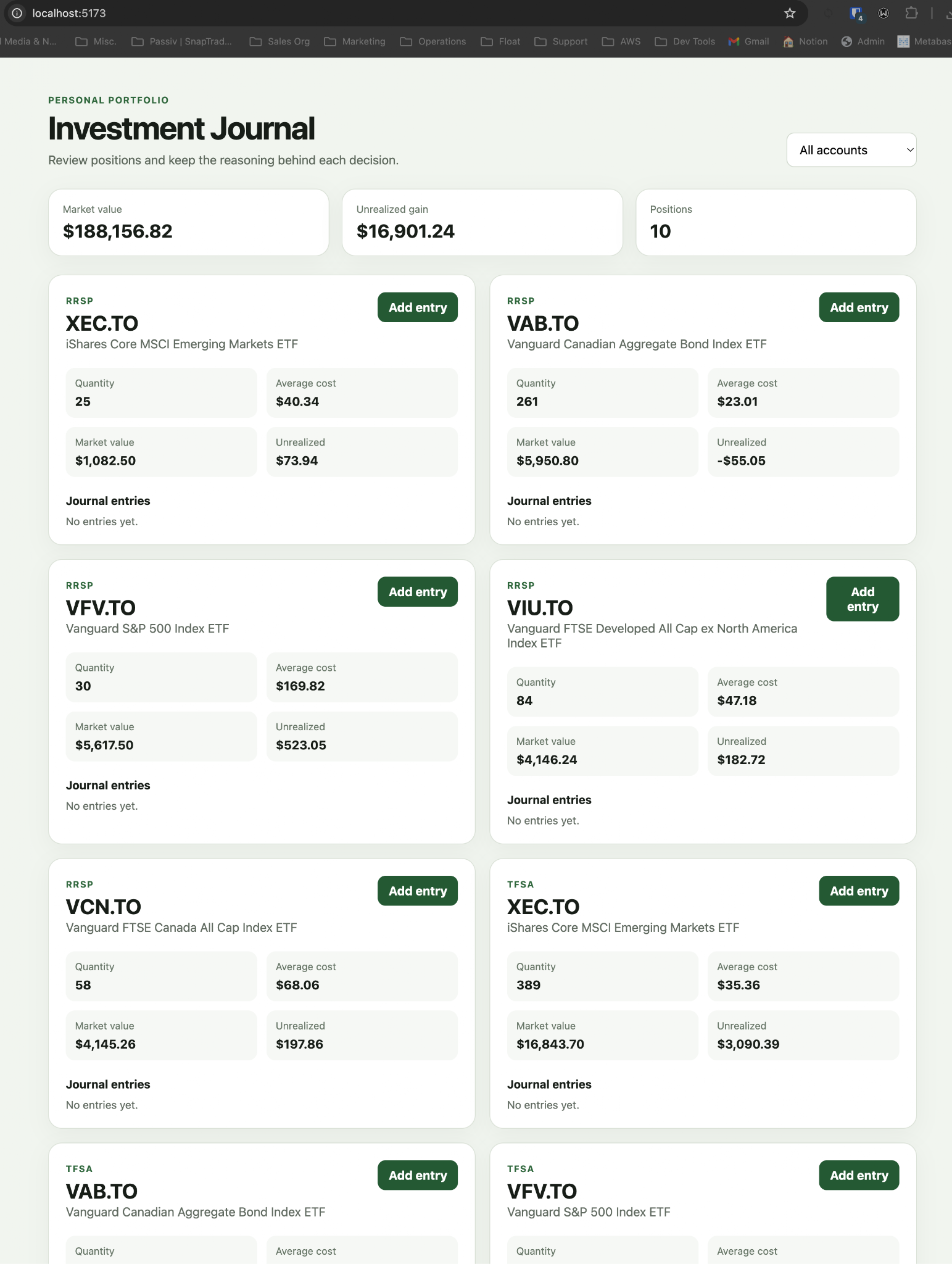 An investment-journal dashboard with per-holding cards showing quantity, average cost, market value, unrealized gain, and a place to add journal entries.