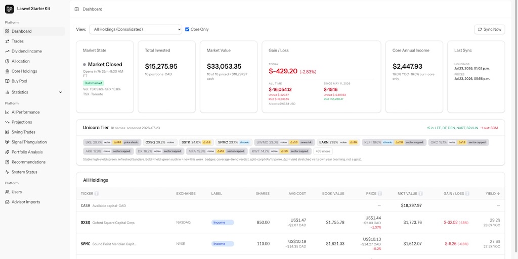 A trading dashboard with core holdings, market state, gain/loss, and a screened candidate list.