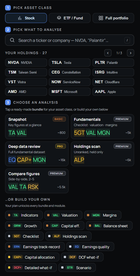 An analysis tool's asset-class picker on mobile, choosing what part of the portfolio to analyze.